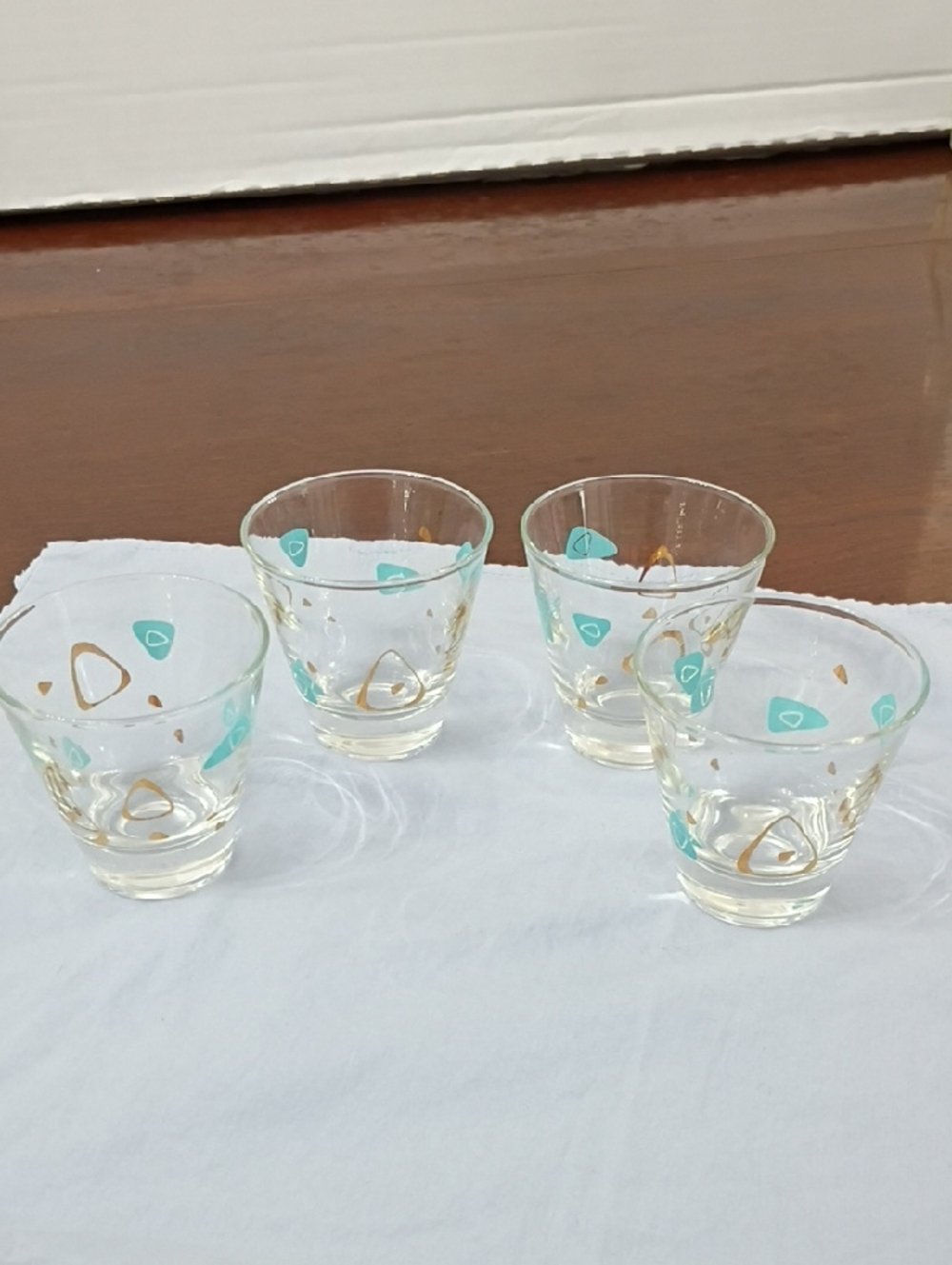Vintage Glass Tumblers with Teal and Gold Geometric Accents Atomic Amoebic